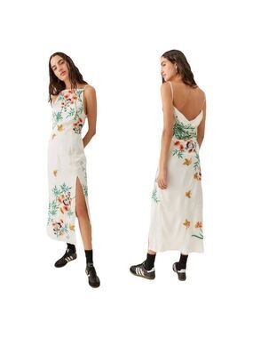 Urban Outfitters Phoenix Embroidered Ivory Midi Dress Floral Butterfly Small SP